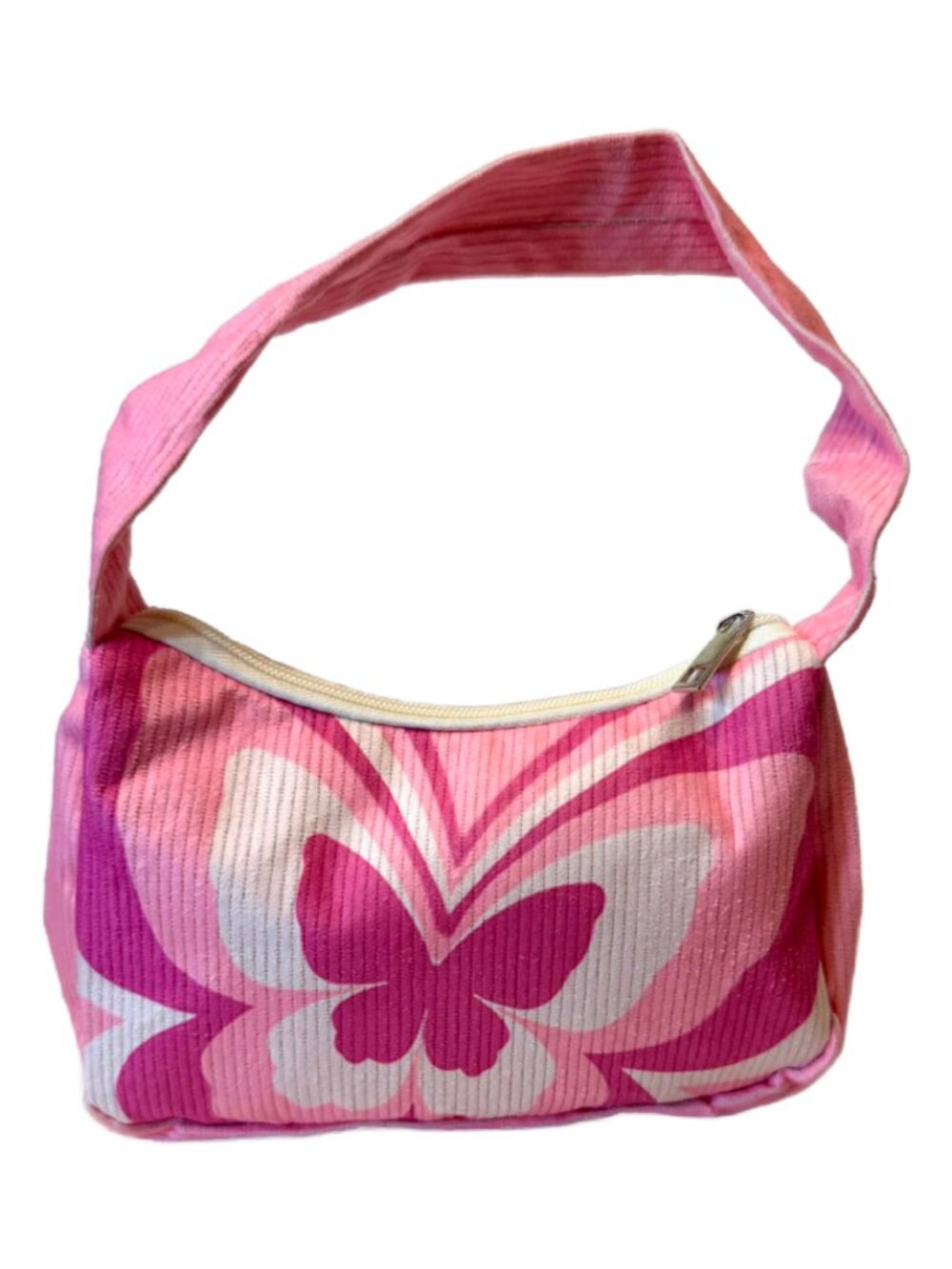 Corduroy Shoulder Handbag Purse Pink Butterfly Y2K Retro Zip Top Bag New